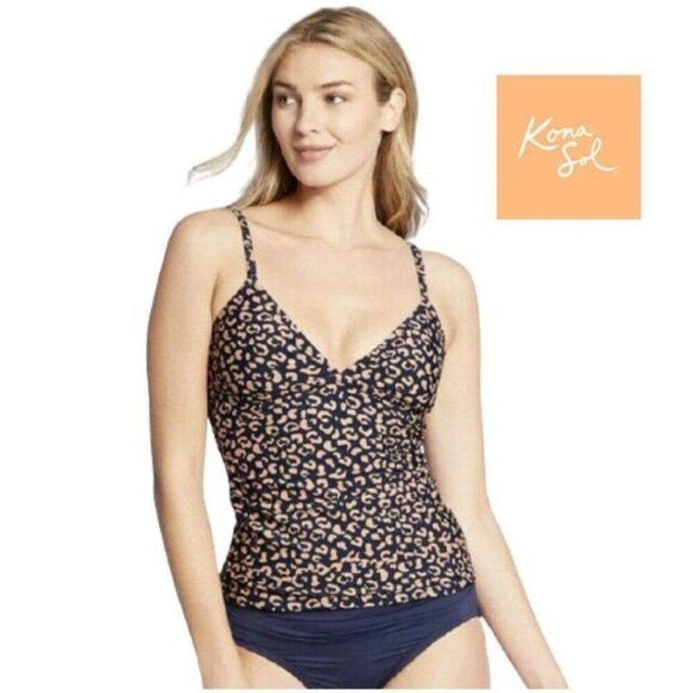 Kona Sol Women's Navy Leopard Spot Shirred Tankini Top NWT - Swimwear‎